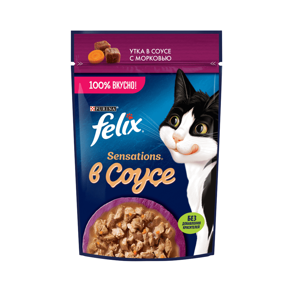 Корм для кошек FELIX Sensations Соус утка с морковью пауч 75г корм для кошек felix sensations с уткой в соусе пауч 85г