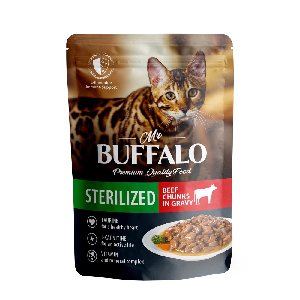 цена Корм для кошек Mr.Buffalo Sterilized говядина в соусе пауч 85г