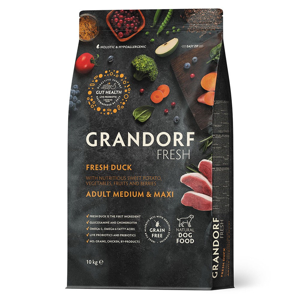 Беззерновой корм с живыми пробиотиками для собак GRANDORF FRESH Dog Med&Maxi для ср.и кр.пород, свежее мясо утки с бататом сух. 10кг