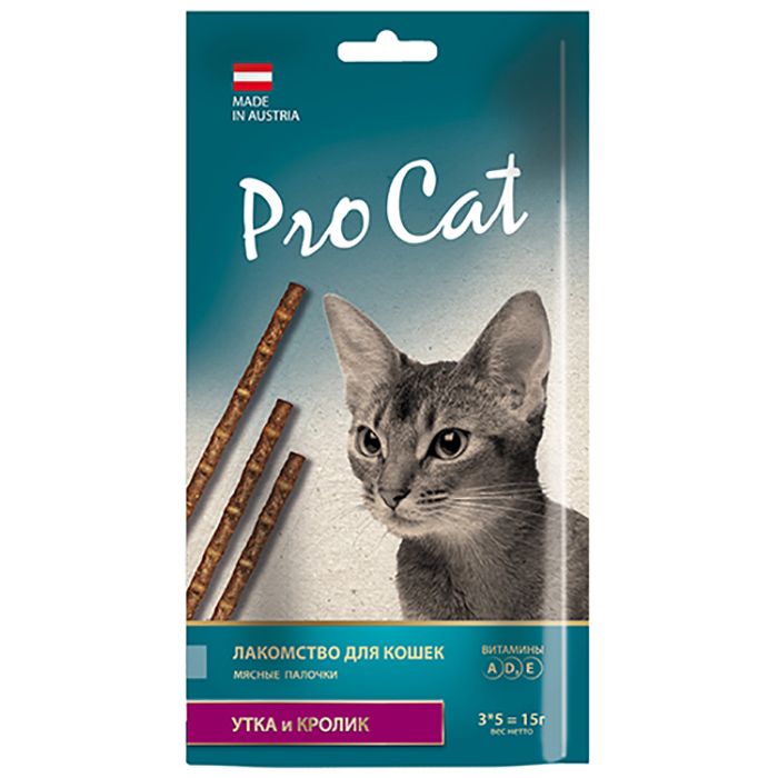 Лакомство для кошек Pro Cat Лакомые палочки с уткой и кроликом 13,5 см (3 шт х 5 г.) 15 г. мнямс лакомство для стерилизованных кошек лакомые палочки с индейкой и цыпленком 13 5 см 5 г 3 шт в упаковке