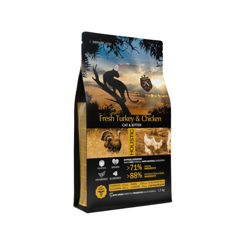 Корм для котят AMBROSIA Grain Free беззерновой со свежей индейкой и курицей 1,5кг