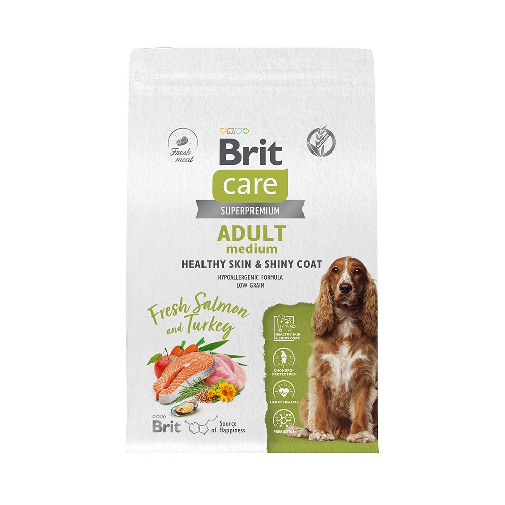 Корм для собак Brit Care Healthy Skin&Shiny Coat для средних пород, лосось с индейкой сух. 3кг корм для собак brit premium dog для мелких пород 1–10кг курица сух 3кг