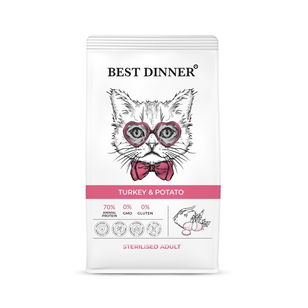 Корм для кошек Best Dinner для стерилиз. склон.к аллергии и пробл.пищевар.,индейка с карт. сух.1,5кг корм для кошек ajo cat sterile для актив и стерилиз с высоким сод белка индейка с уткой сух 1 5кг