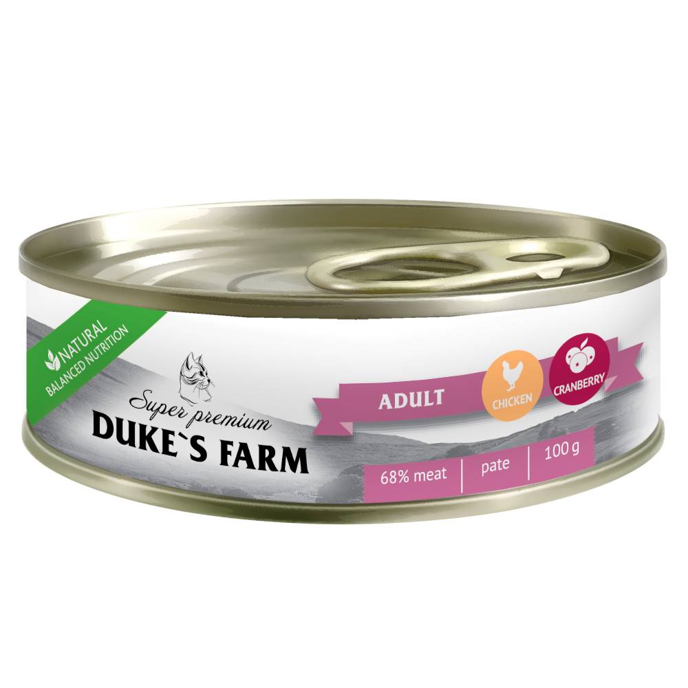 Корм для кошек DUKE'S FARM из курицы с клюквой и шпинатом 100г корм для котят duke s farm из утки с клюквой и шпинатом 100г