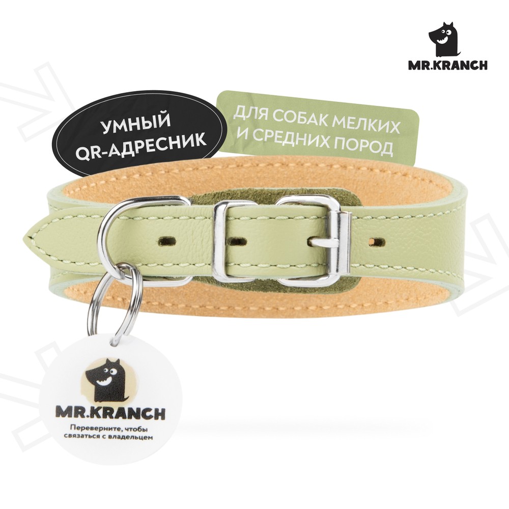 Ошейник-селедка для собак MrKranch из натуральной кожи с QR-адресником нежно-зеленый 19-23см 1715₽