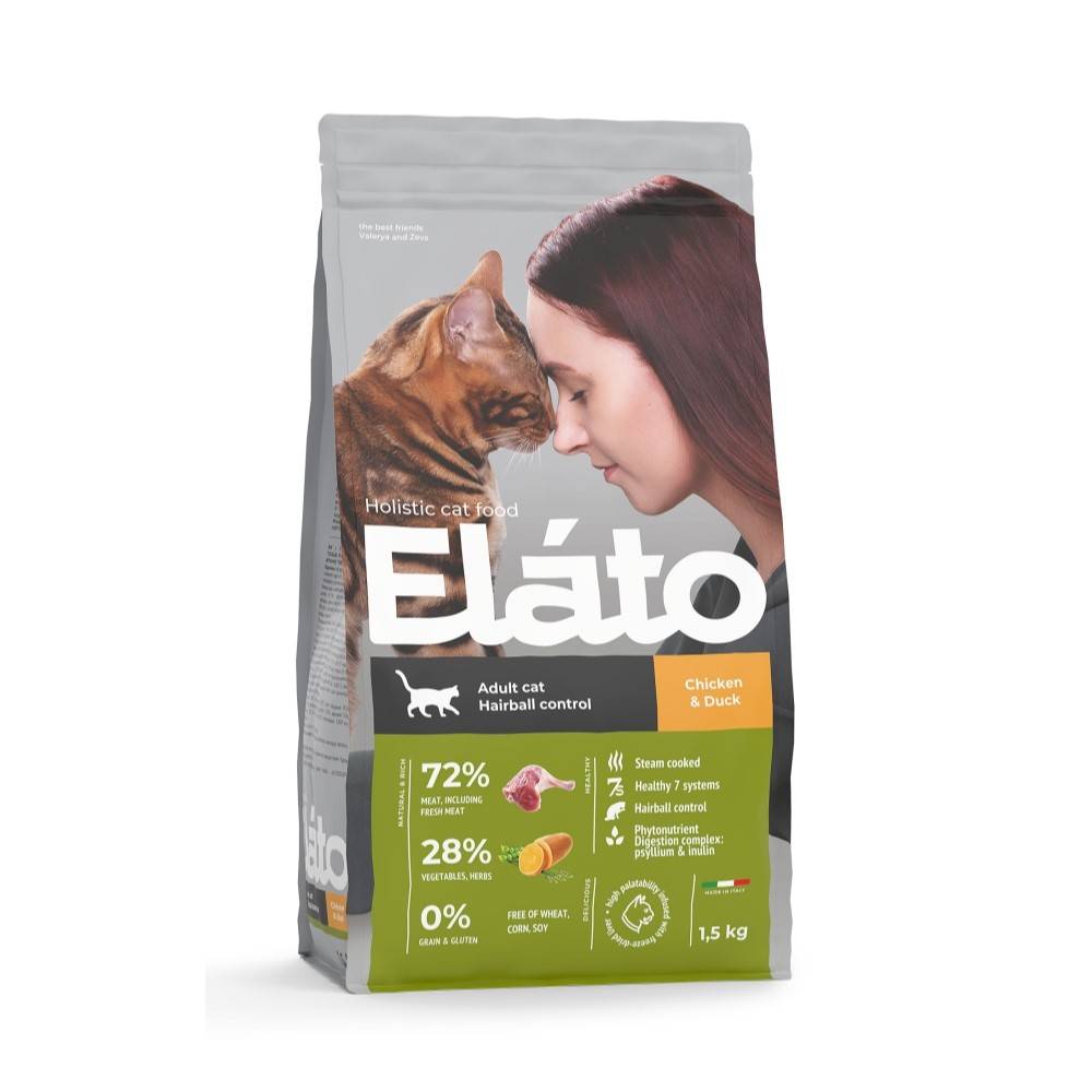 Корм для кошек Elato Holistic для выведения шерсти, курица, утка сух. 1,5кг корм для щенков elato holistic для мелких пород курица с уткой сух 500г