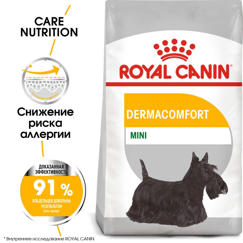 Корм для собак ROYAL CANIN Mini Dermacomfort для мелких пород при раздражениях кожи сух. 1кг корм для собак royal canin size mini dental мелких пород предрасположенных к образованию зубн камня сух 1кг