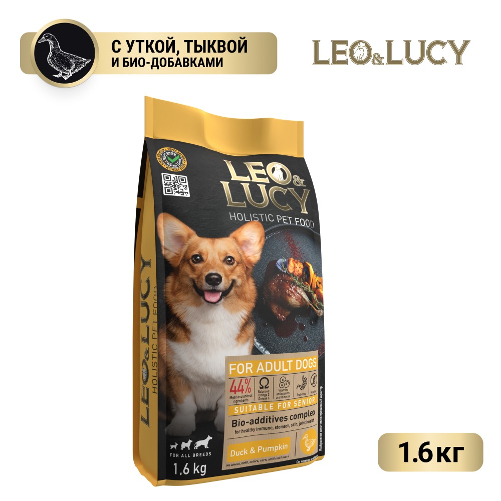 Корм для собак LEO&LUCY для пожилых, уткка с тыквой и биодобавками сух. 1,6кг