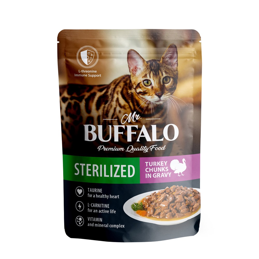 корм для кошек mr buffalo sterilized индейка в соусе пауч 85г Корм для кошек Mr.Buffalo Sterilized индейка в соусе пауч 85г