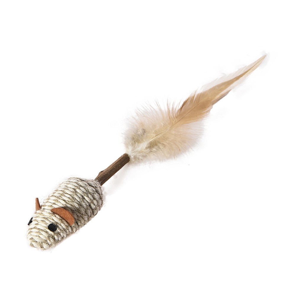 Игрушка для кошек Foxie Naturalness Плетеная мышка на палочке с перьями и мататаби 20х3см