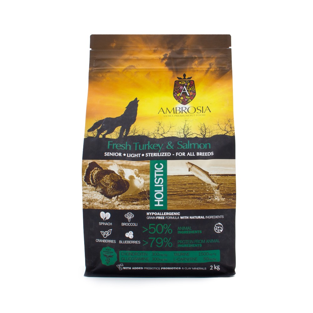 Корм для собак AMBROSIA Grain Free беззерновой для стерилизованных или пожилых собак, склонных к ожирению, с индейкой и лососем 2кг