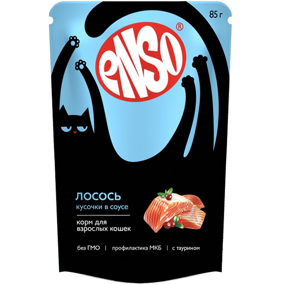 Корм для кошек ENSO кусочки в соусе с лососем пауч 85г корм для кошек обжорка кусочки в соусе с лососем пауч 85г