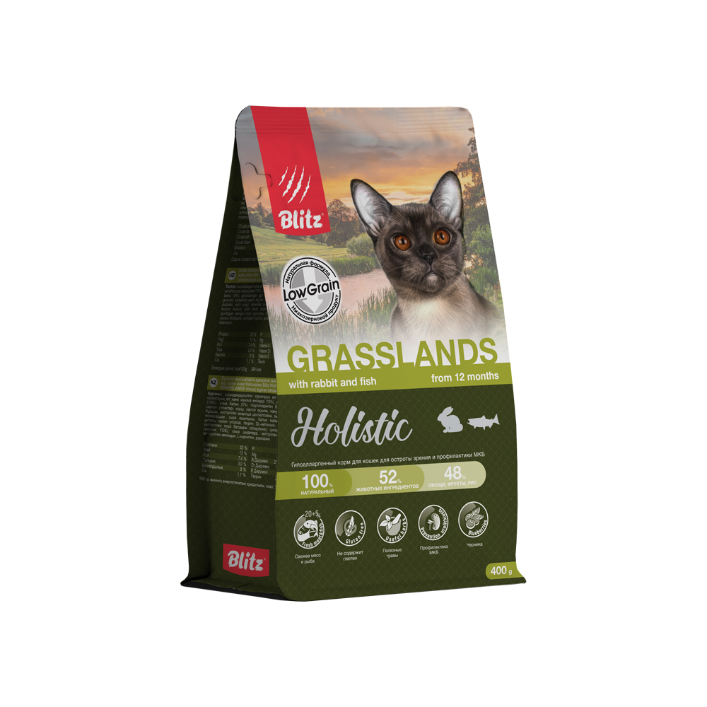 Корм для кошек Blitz Holistic Grasslands индейка с кроликом и рыбой сух 400г 780₽