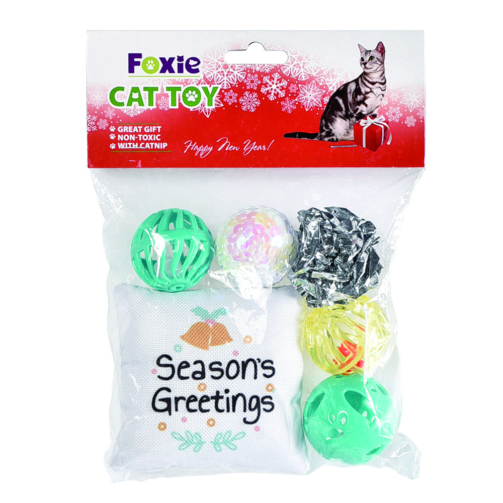 Игрушка для кошек Foxie Набор Новогодние мячики и подушечка с кошачьей мятой 6шт