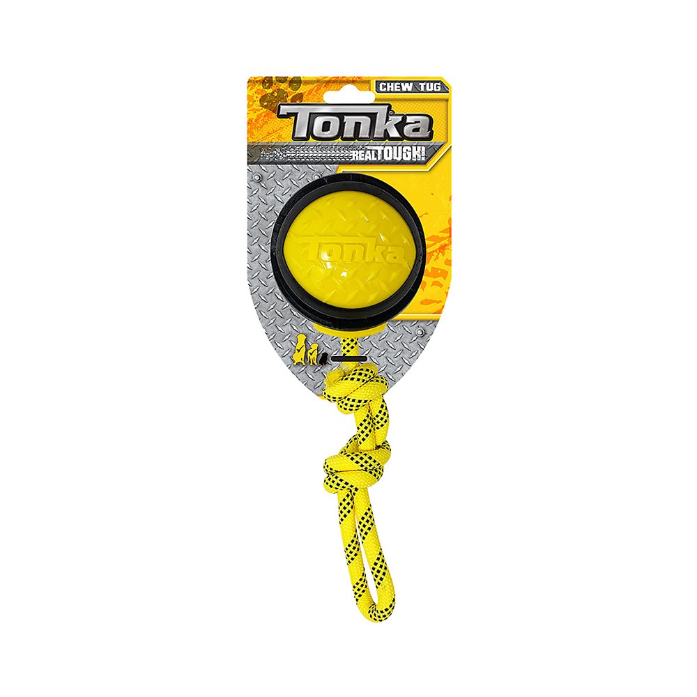 Игрушка для собак TONKA Мяч рифленый с канатом, цвет желтый/черный 10,2см