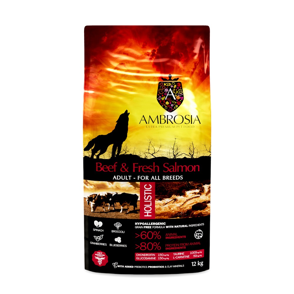 Корм для собак AMBROSIA Grain Free беззерновой для всех пород, с говядиной и свежим лососем 12кг