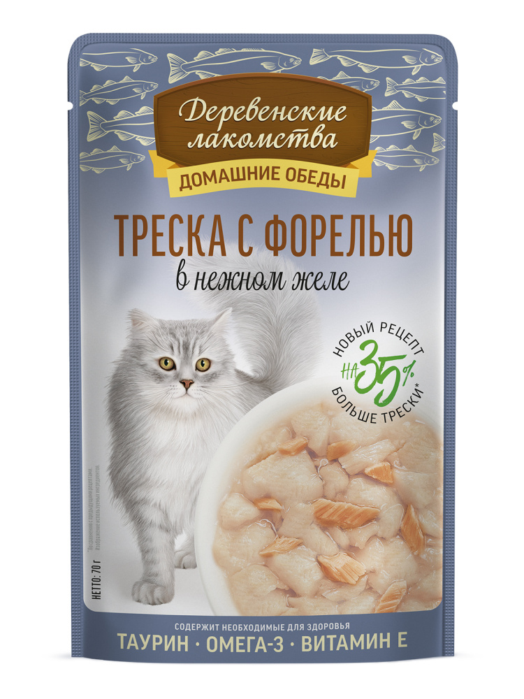 Корм для кошек ДЕРЕВЕНСКИЕ ЛАКОМСТВА Треска с форелью в нежном желе пауч 70г