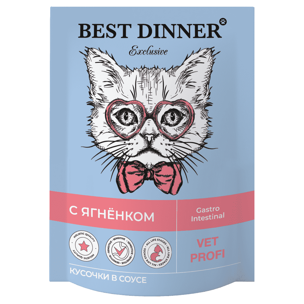 Корм для кошек Best Dinner Exclusive Vet Profi Gastro Intestinal кусочки в соусе с ягненком пауч 85г корм для кошек best dinner holistic тунец с креветками в соусе пауч 70г