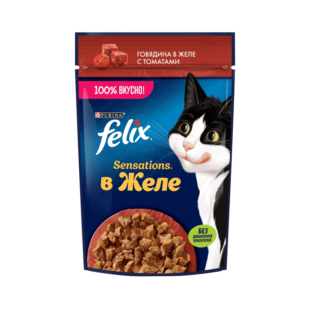 Корм для кошек FELIX Sensations Желе говядина с томатами пауч 75г корм для кошек felix природа вкуса говядина пауч 75г