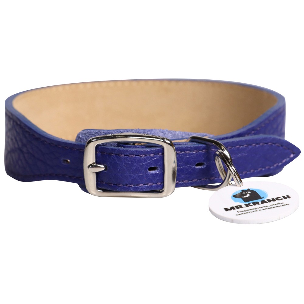 Ошейник для собак MrKranch из натуральной кожи с QR-адресником синий 38-45см 2400₽