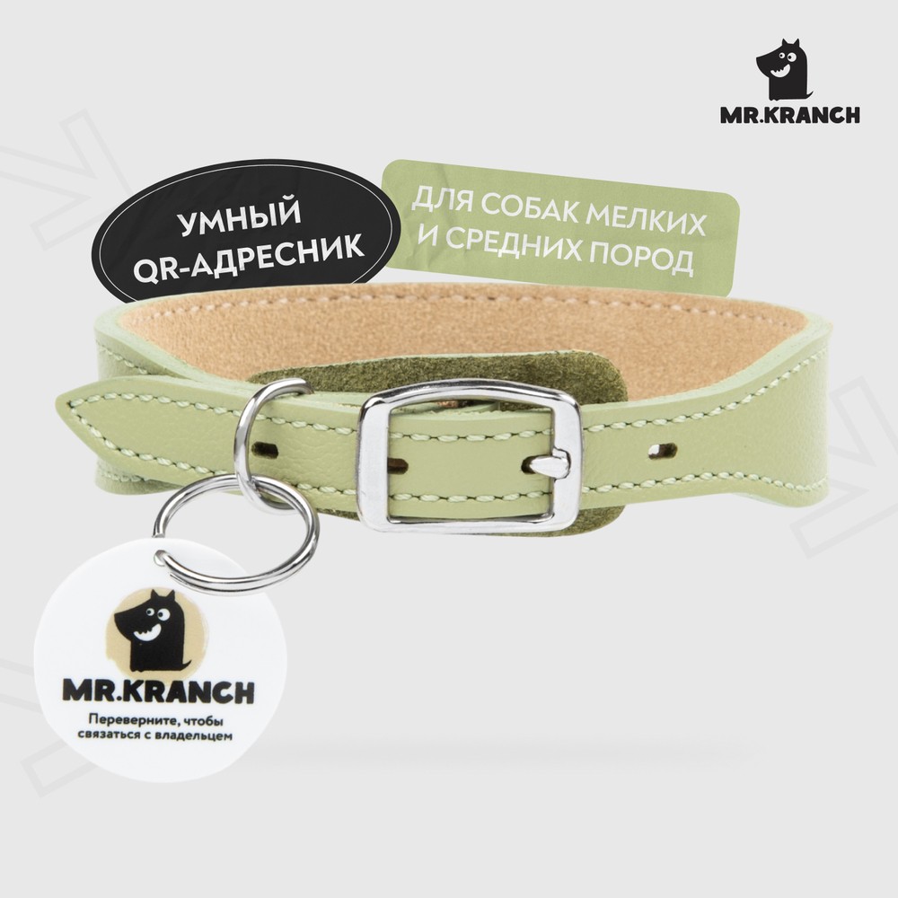 Ошейник для собак MrKranch из натуральной кожи с QR-адресником нежно-зеленый 25-30см 1677₽