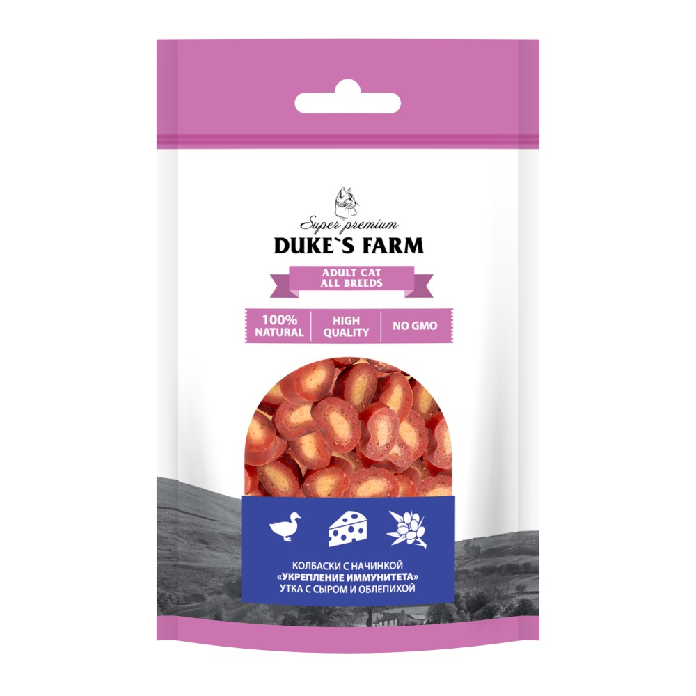 Лакомство для кошек DUKE'S FARM Колбаски Укрепление иммунитета, утка с сыром и облепихой 40г