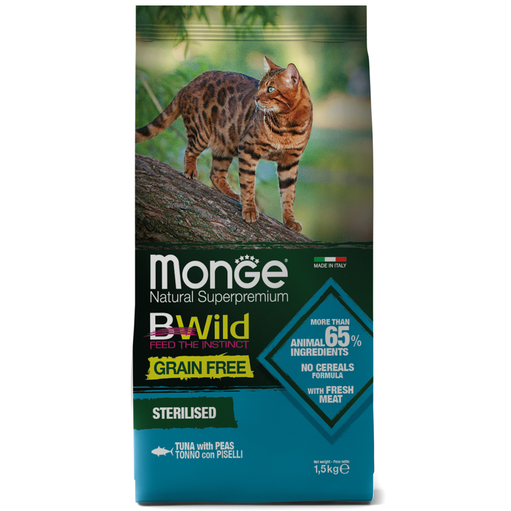 Корм для кошек Monge Cat BWild Grain Free для стерилизованных тунец сух 15кг 2500₽
