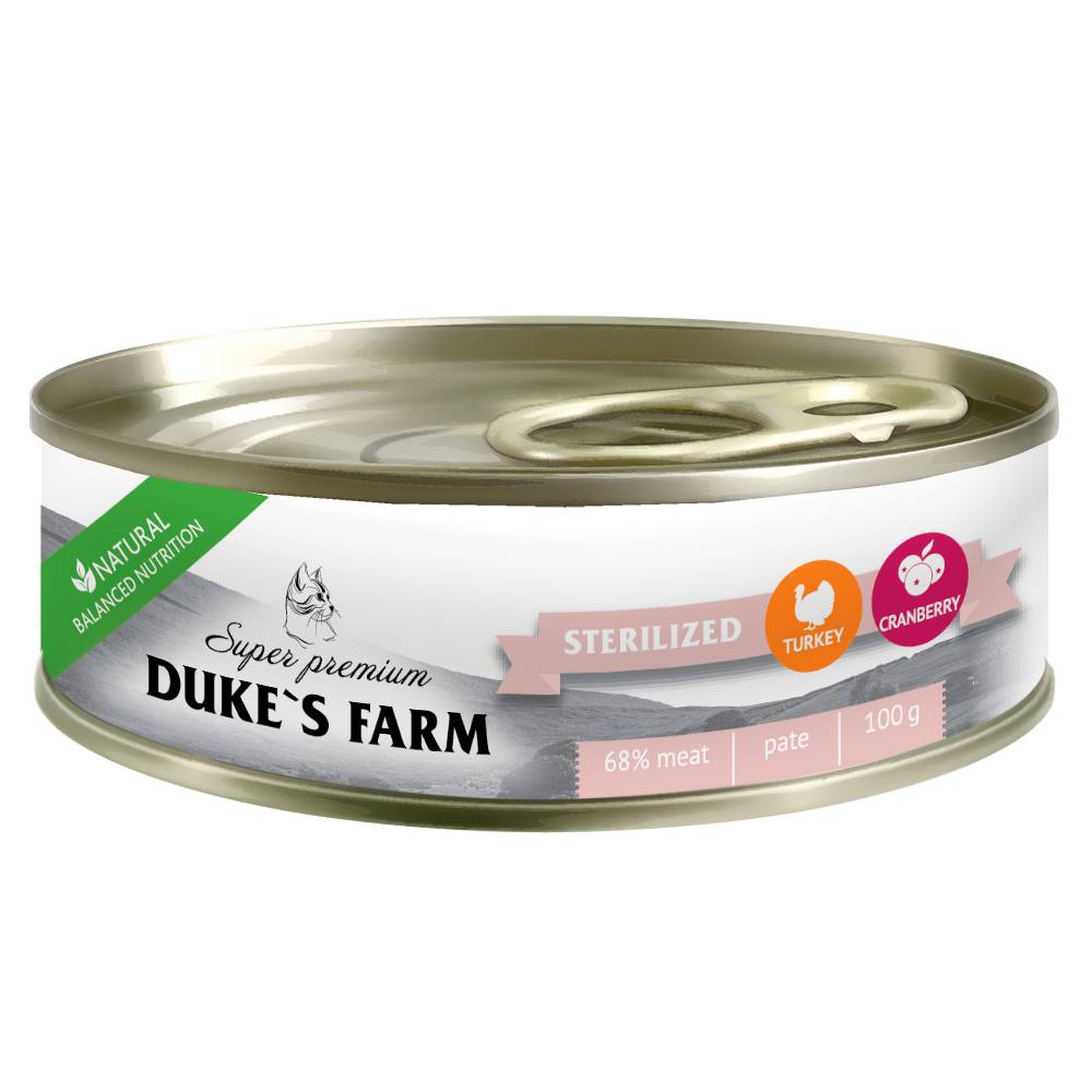 цена Корм для стерилизованных кошек DUKE'S FARM из индейки с клюквой и шпинатом 100г