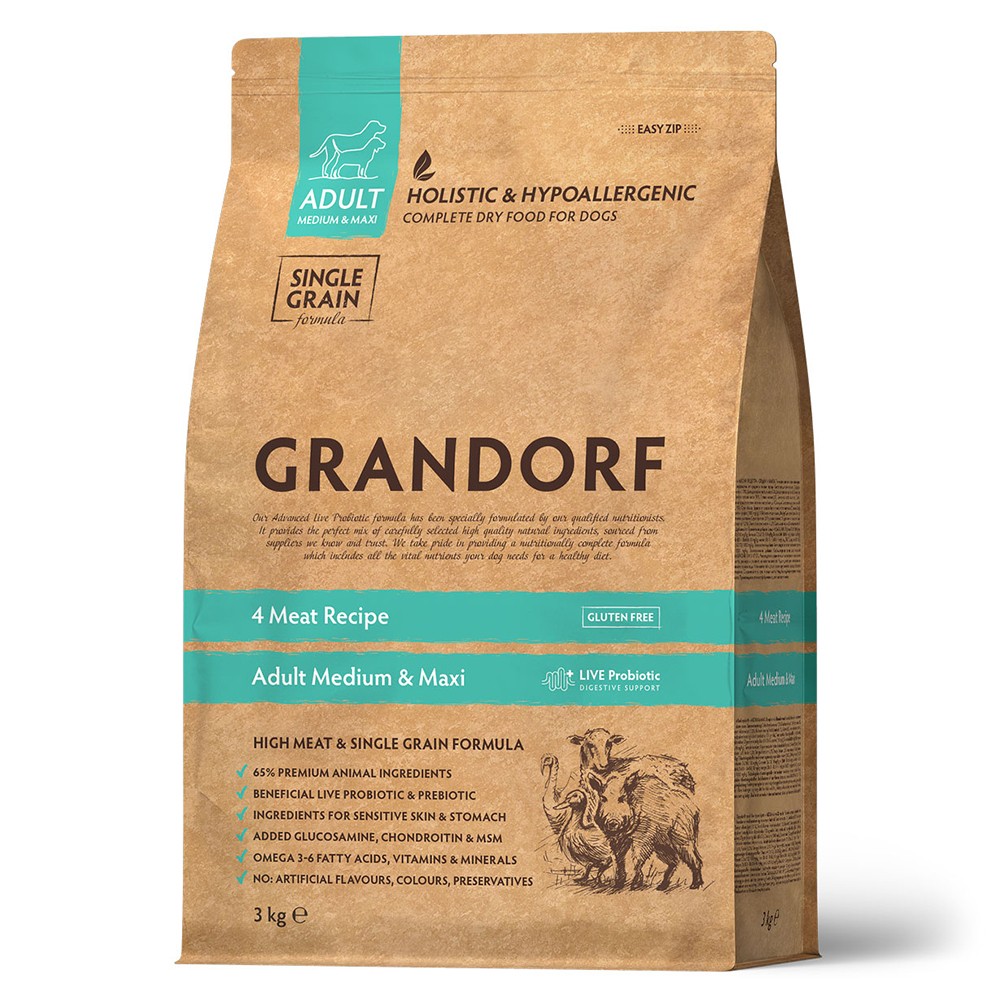 Корм для собак GRANDORF Четыре вида мяса с пробиотиками, для средних и крупных пород сух. 3кг корм для собак grandorf для крупных пород индейка с рисом сух 3кг