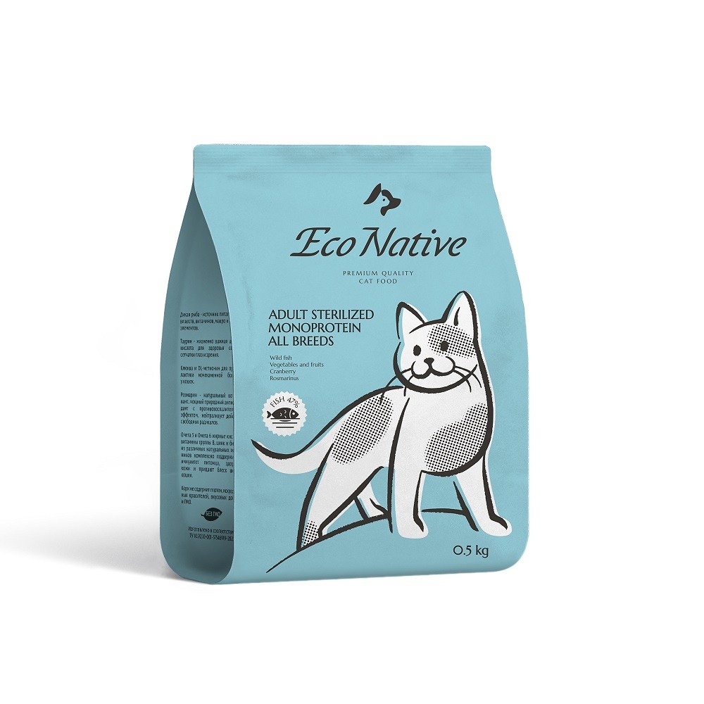 Корм для кошек Econative для стерилизованных и кастрированных, дикий сазан с клюквой сух. 500г