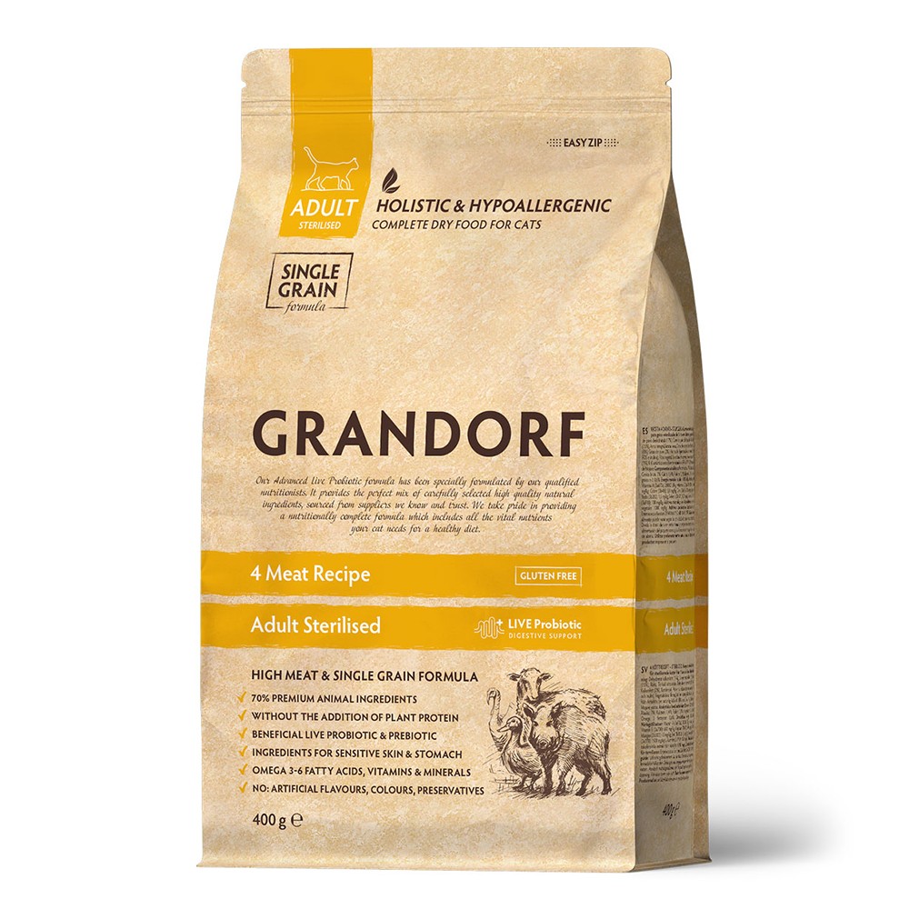 Корм для кошек GRANDORF для стерилизованных, четыре вида мяса с пробиотиками сух. 400г корм для собак grandorf для мелких пород четыре вида мяса сух 1кг