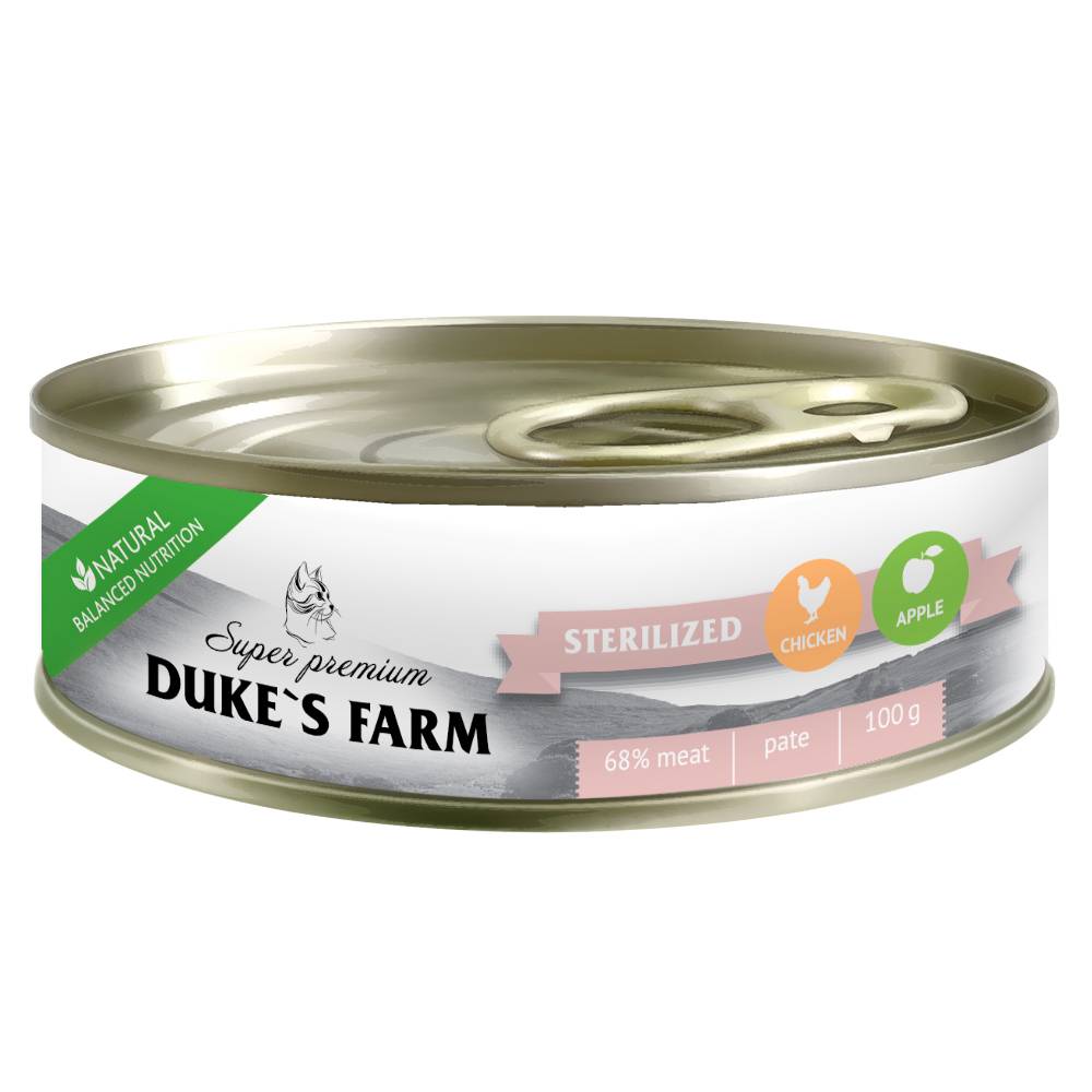 Корм для кошек DUKE'S FARM для стерилизованных, паштет курица, яблоко банка 100г корм для стерилизованных кошек duke s farm из ягненка с брусникой и шпинатом 100г