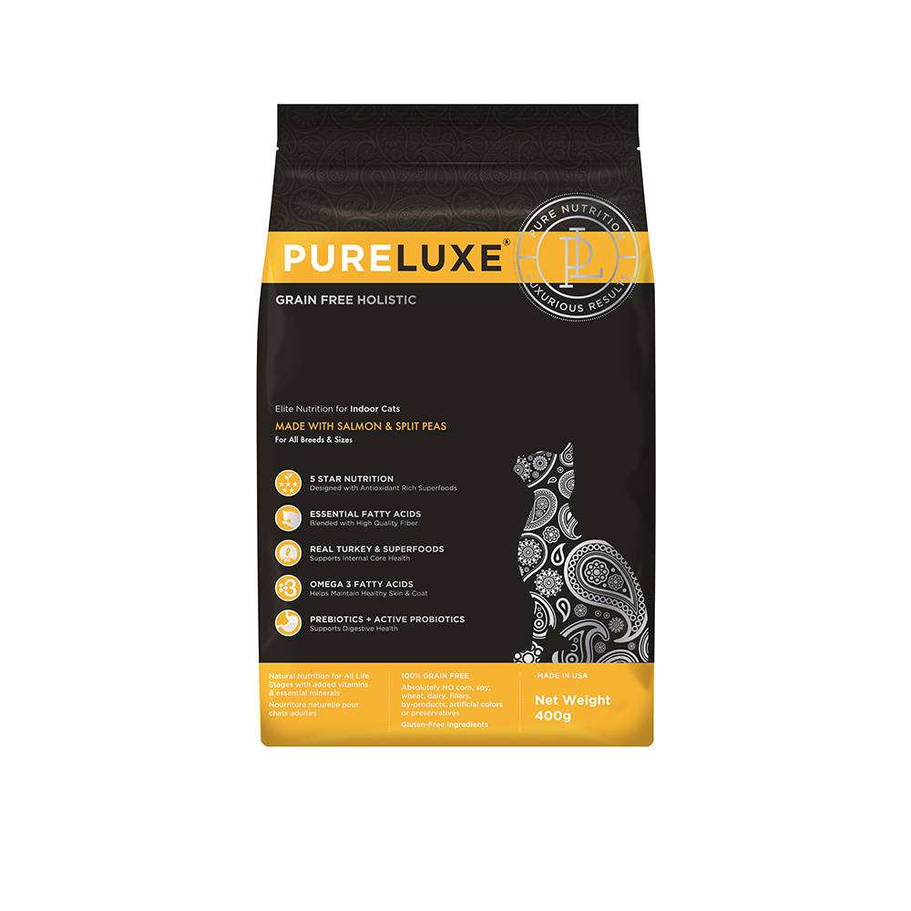 корм для собак pureluxe индейка сух 1 81кг Корм для кошек PureLuxe для домашних, лосось с горошком сух. 400г