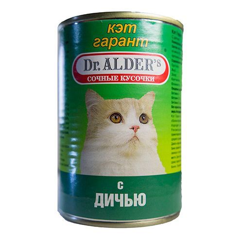 корм для котят happy cat курочка морковь кусочки в соусе конс 100г Корм для кошек Dr. ALDER`s Cat Garant сочные кусочки в соусе, дичь конс. 415г