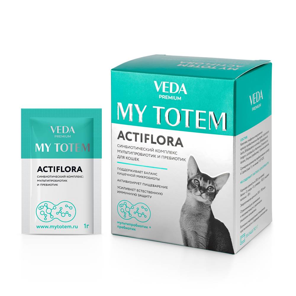 Синбиотический комплекс для кошек VEDA My Totem Actiflora мультипробиотик и пребиотик 30шт кормовая добавка для собак veda my totem flexavit для суставов 100г