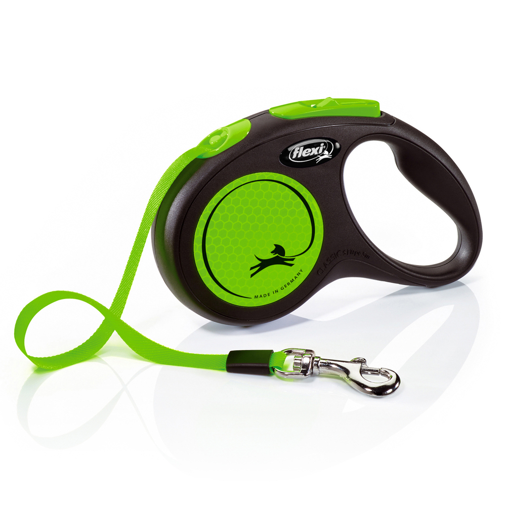 Рулетка для собак Flexi Neon New S (до 15кг) лента 5м, светоотражающая, зеленый неон