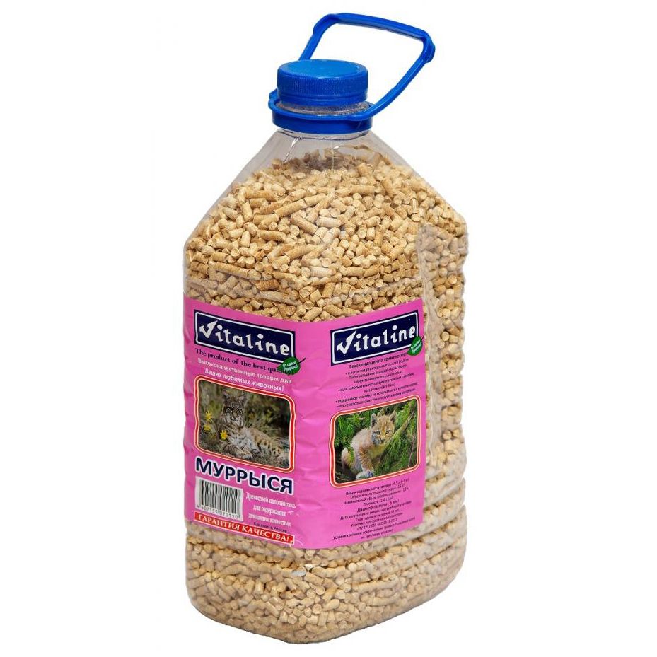 Наполнитель для кошачьего туалета VITALINE Муррыся ПЭТ древесный, бутылка 3кг (4,5л)