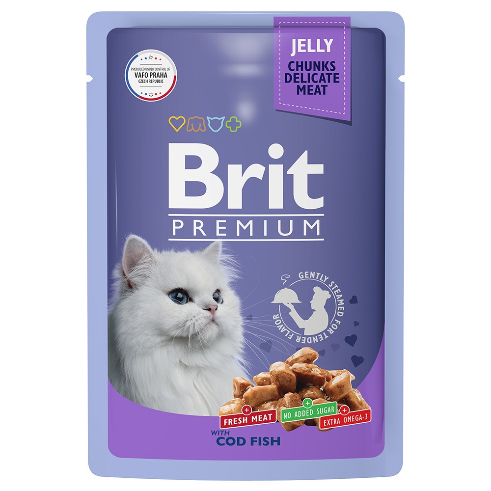 Корм для кошек Brit Premium треска в желе пауч 85г корм для кошек brit для стерилизованных утка с яблоками в желе пауч 85г