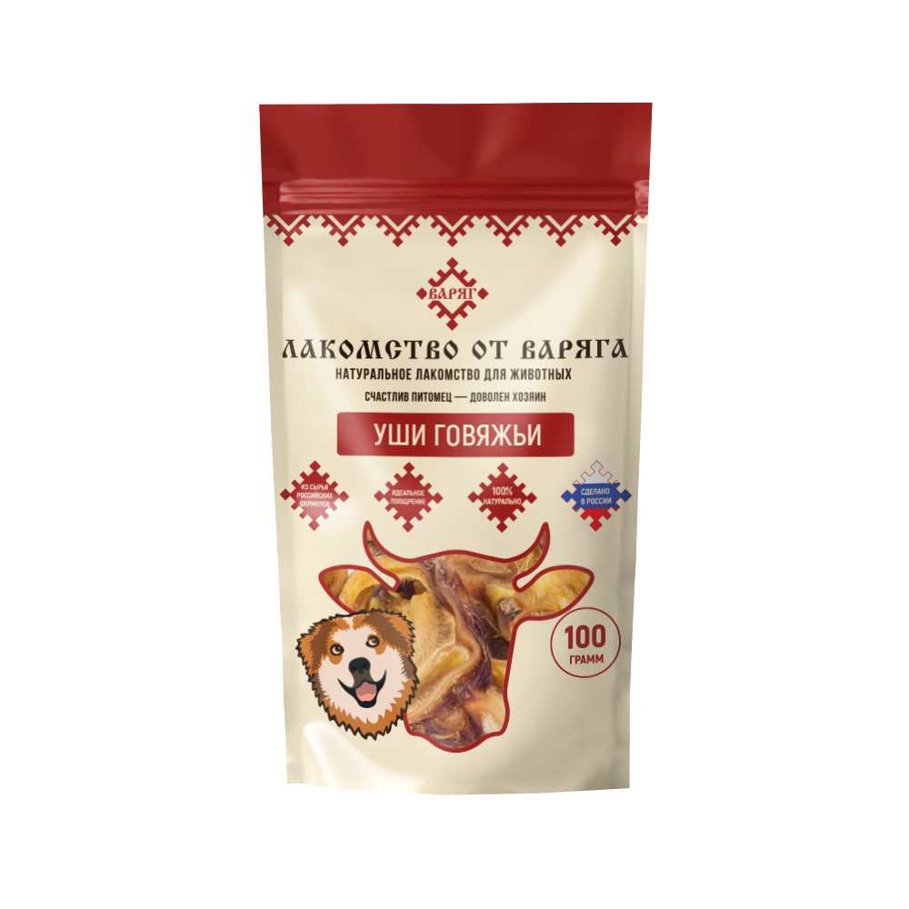 Лакомство для собак ВАРЯГ Уши говяжьи 100г 529₽