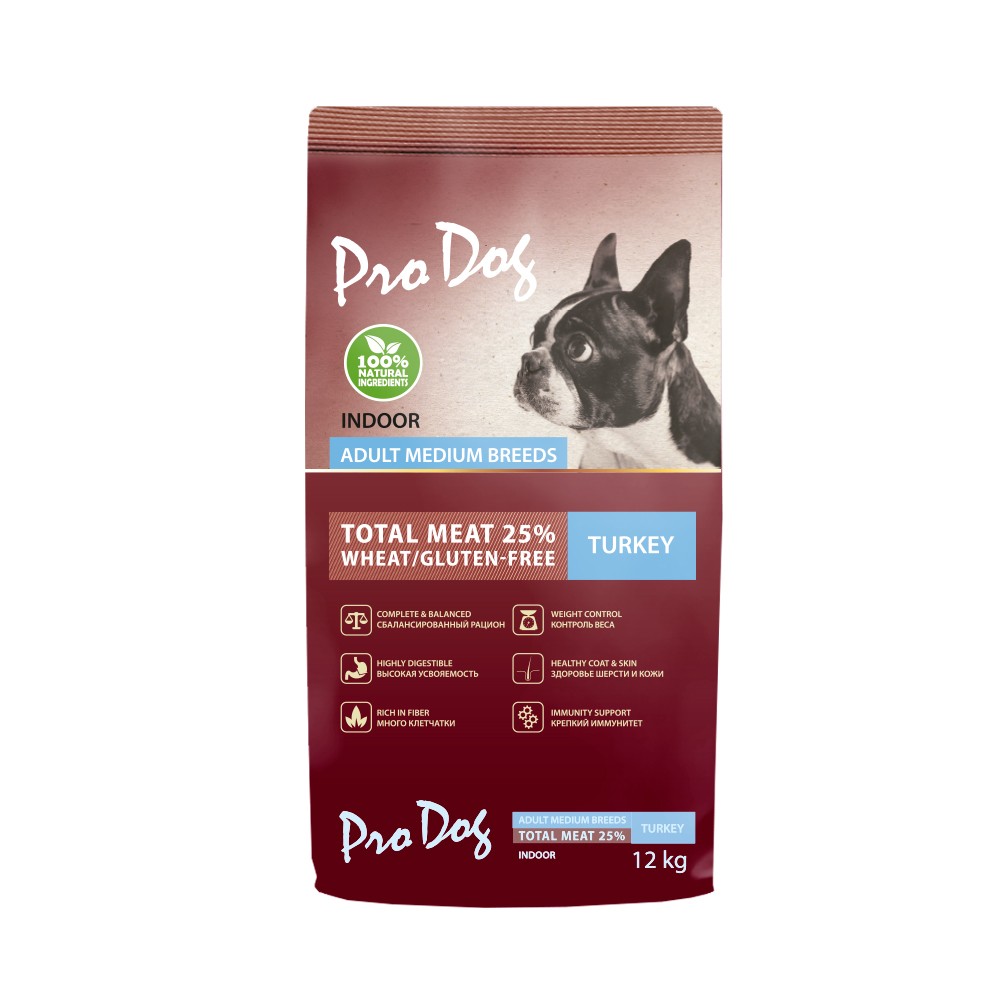 Корм для собак PRO DOG для средних пород для поддержания оптимального веса, индейка сух. 12кг корм для собак monge dog speciality для всех пород утка рис картофель сух 12кг