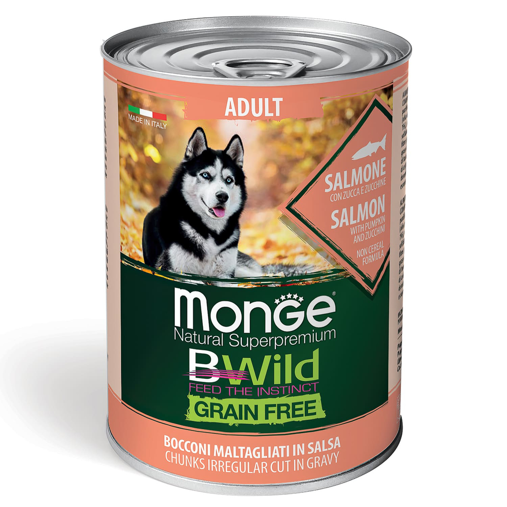 Корм для собак Monge Dog BWild Grain Free лосось с тыквой и кабачками банка 400г 423₽