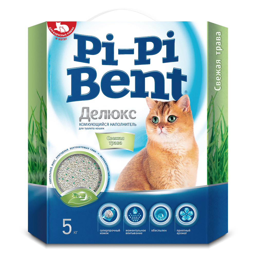 Наполнитель для кошачьего туалета PI-PI BENT DeLuxe Fresh grass комкующийся, коробка 5кг