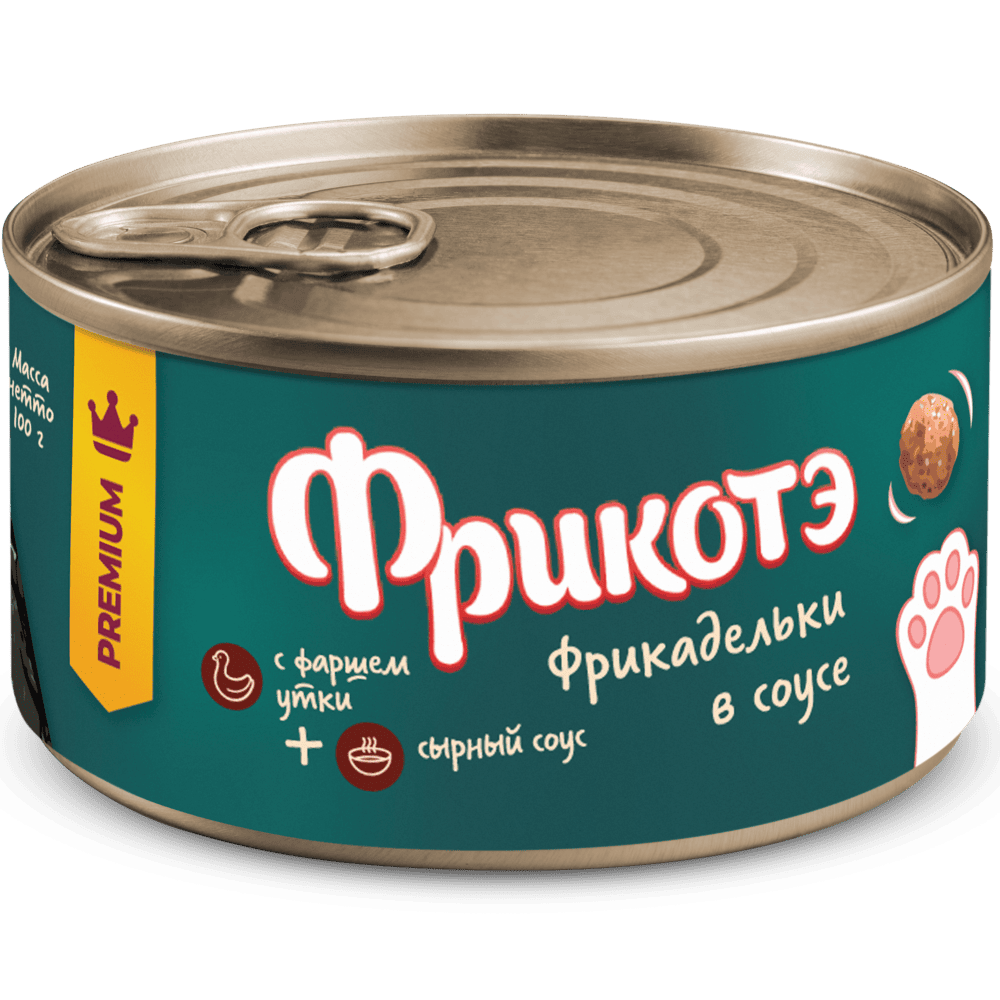 Корм для кошек ФРИКОТЭ фрикадельки с фаршем утки в сырном соусе банка 100г