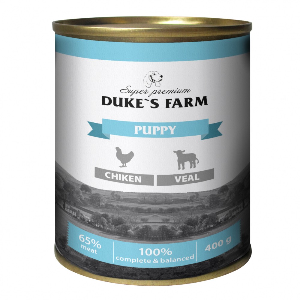 Корм для щенков DUKE'S FARM Паштет из курицы с телятиной банка 400г корм для котят enso паштет с телятиной и овощами банка 100г