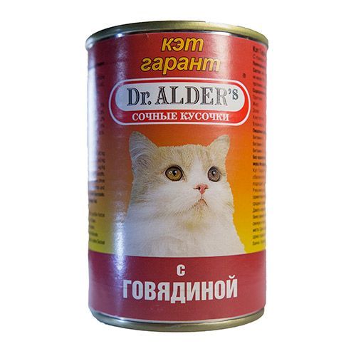 цена Корм для кошек Dr. ALDER`s Cat Garant сочные кусочки в соусе, говядина конс. 415г