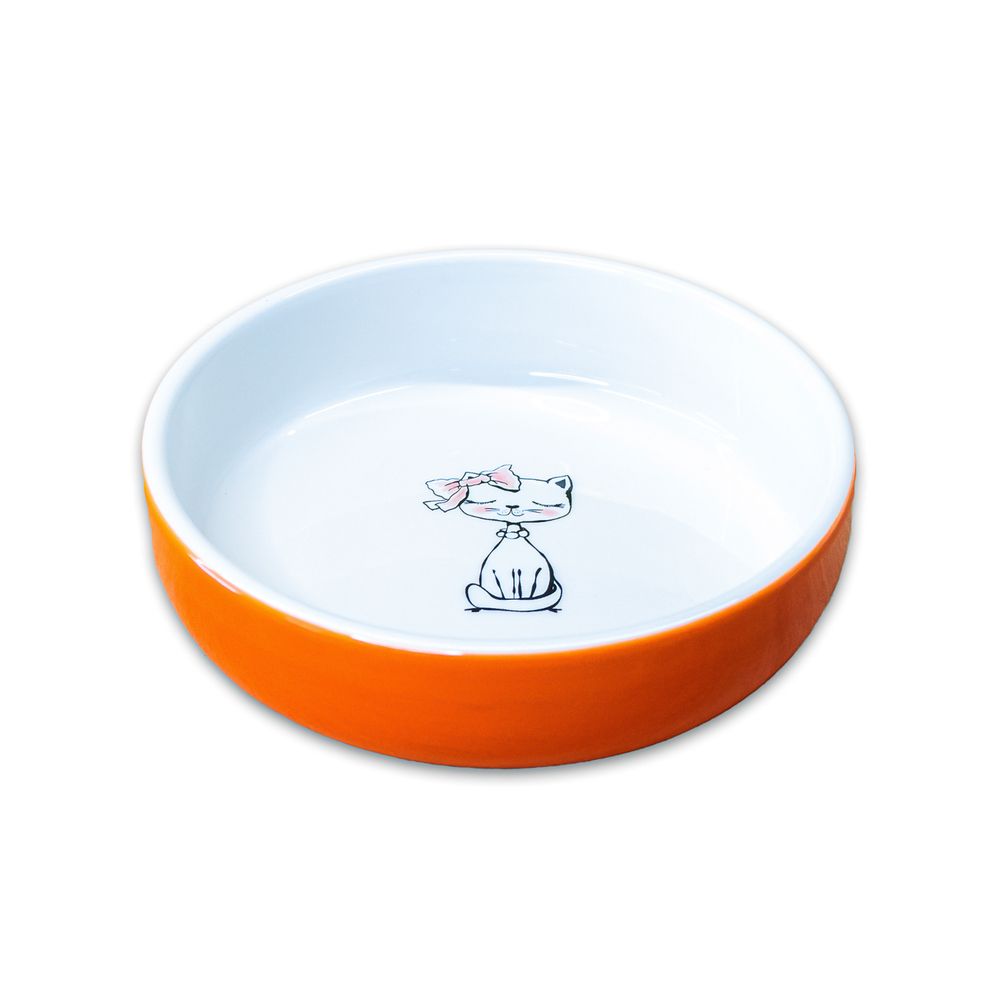 Миска для кошек КерамикАрт керамическая "Кошка с бантиком" оранжевая 370мл