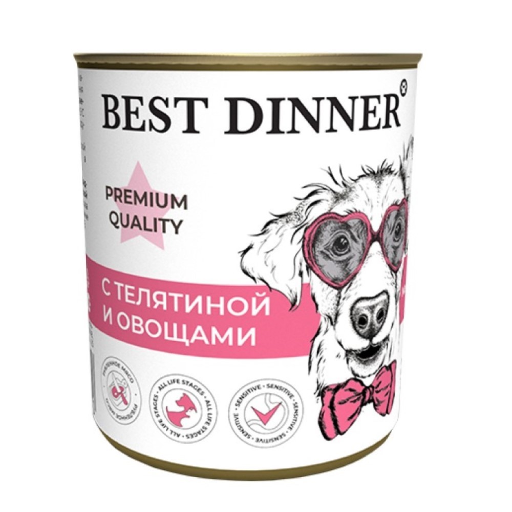Корм для собак Best Dinner Premium Меню №4 телятина с овощами банка 340г корм для щенков и собак best dinner super premium мясные деликатесы с 6 месяцев индейка банка 340г