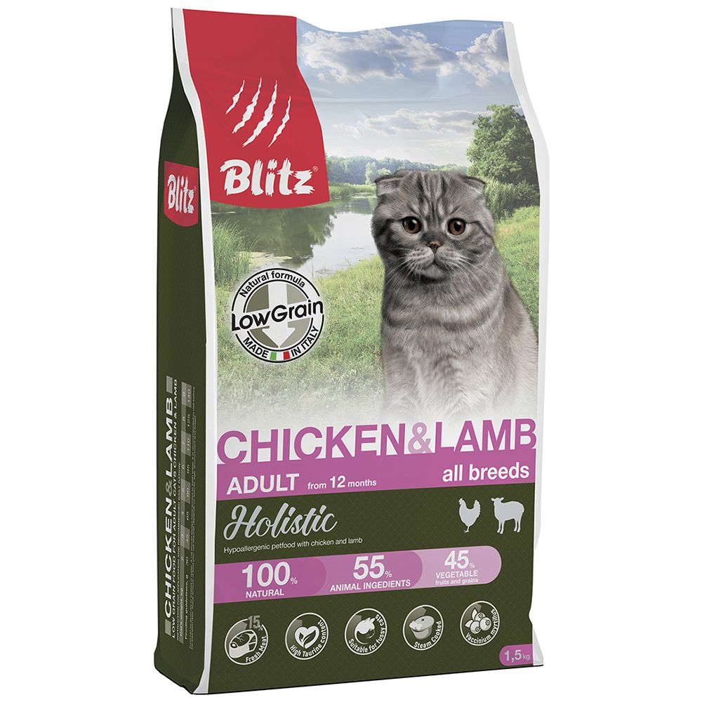 Корм для кошек Blitz Holistic низкозерновой, курица, ягненок сух. 1,5кг
