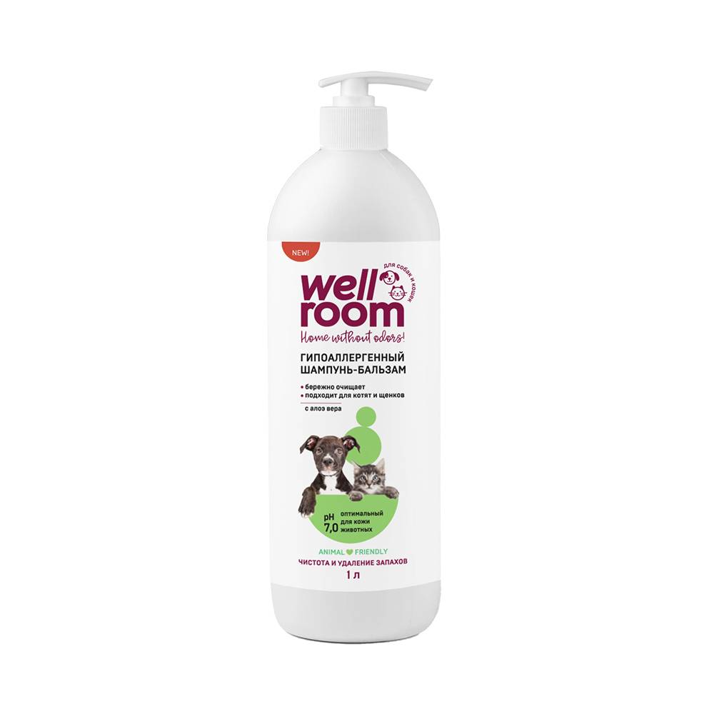 Шампунь для собак и кошек WELLROOM гипоаллергенный 1л шампунь для кошек и собак гипоаллергенный чистотел 400 мл