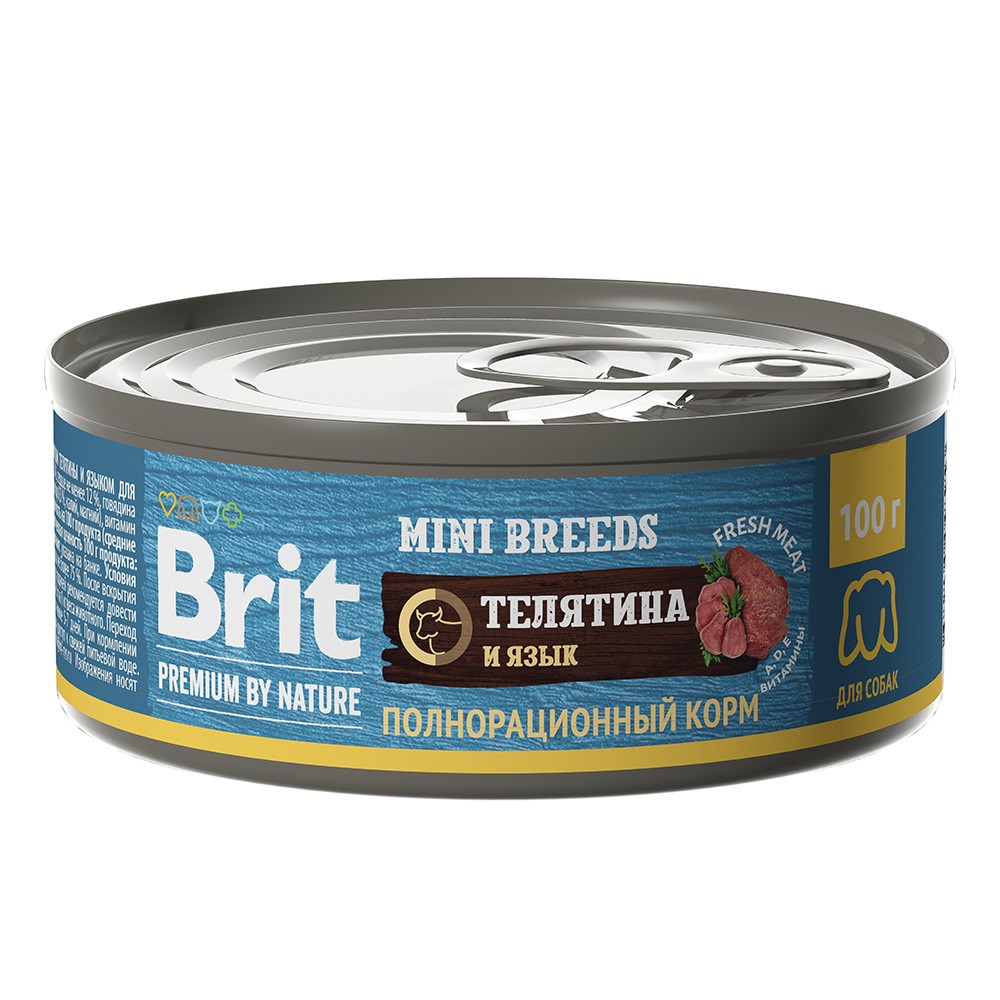 Корм для собак Brit Premium by Nature для мелких пород, телятина с языком банка 100г brit premium by nature puppy